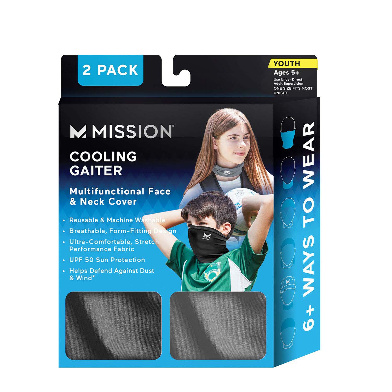 Mission Youth Cooling Gaiter - Black & Charcoal 2 Pack